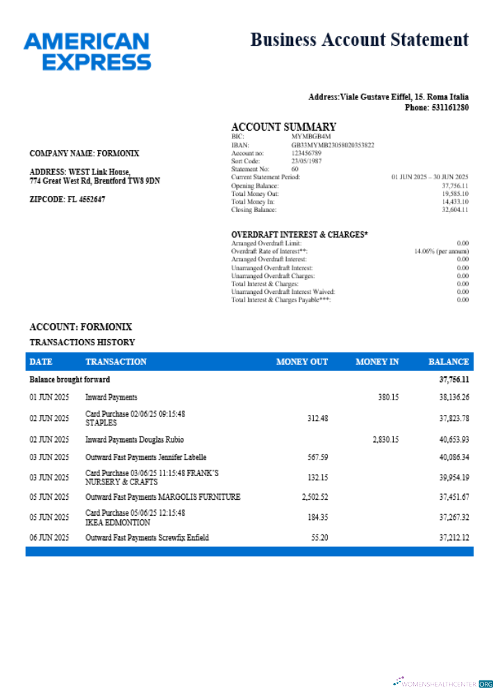 Italian American Express Amex company checking account statement Word and PDF template